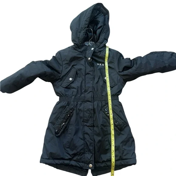 DKNY Girls Winter Puffer Rhinestone Detail Hooded Jacket Black Small (7/8 )